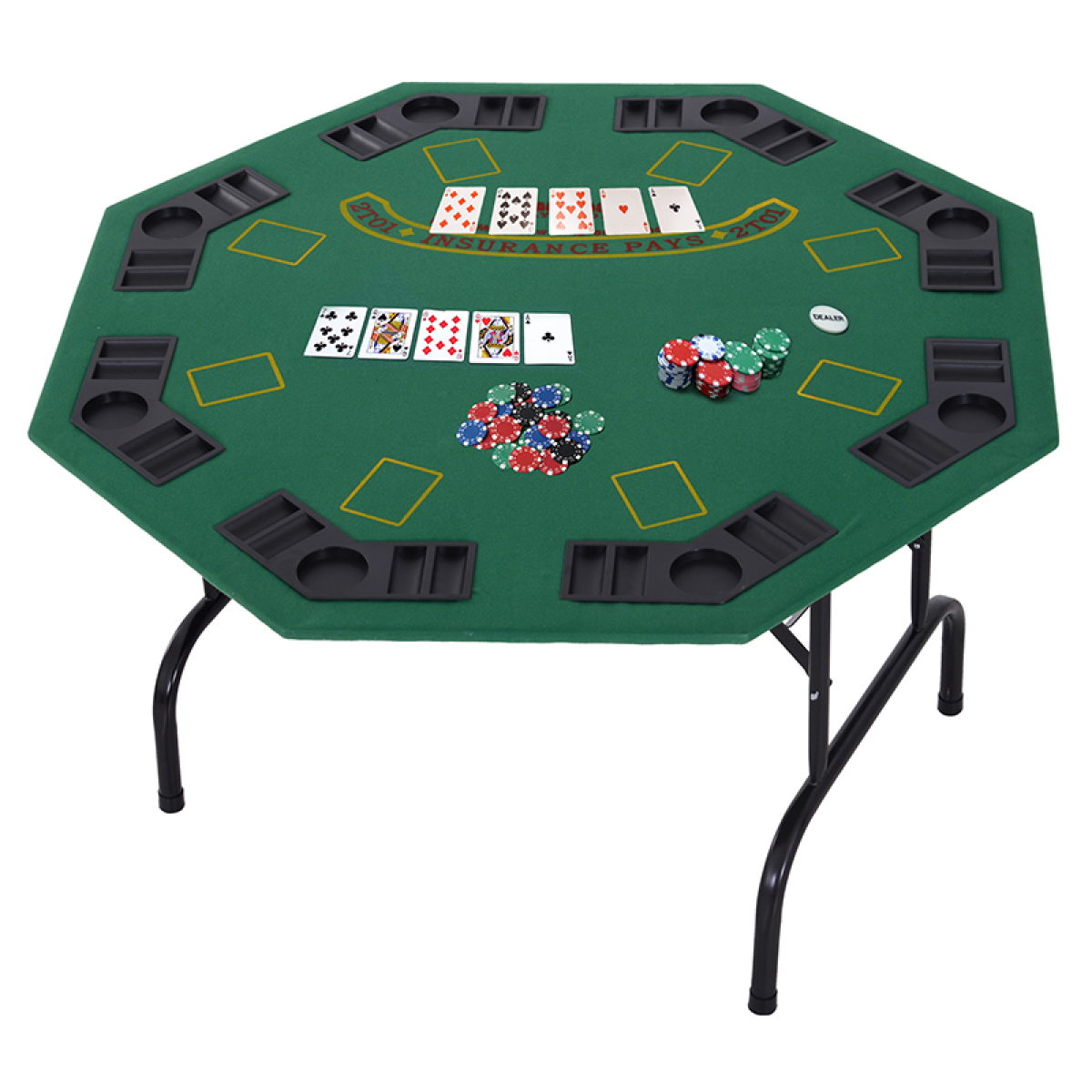 HOMCOM 8 Player Folding Poker Table with Chip Trays & Cup Holder – Green Felt Top Card Games Table, Steel Legs