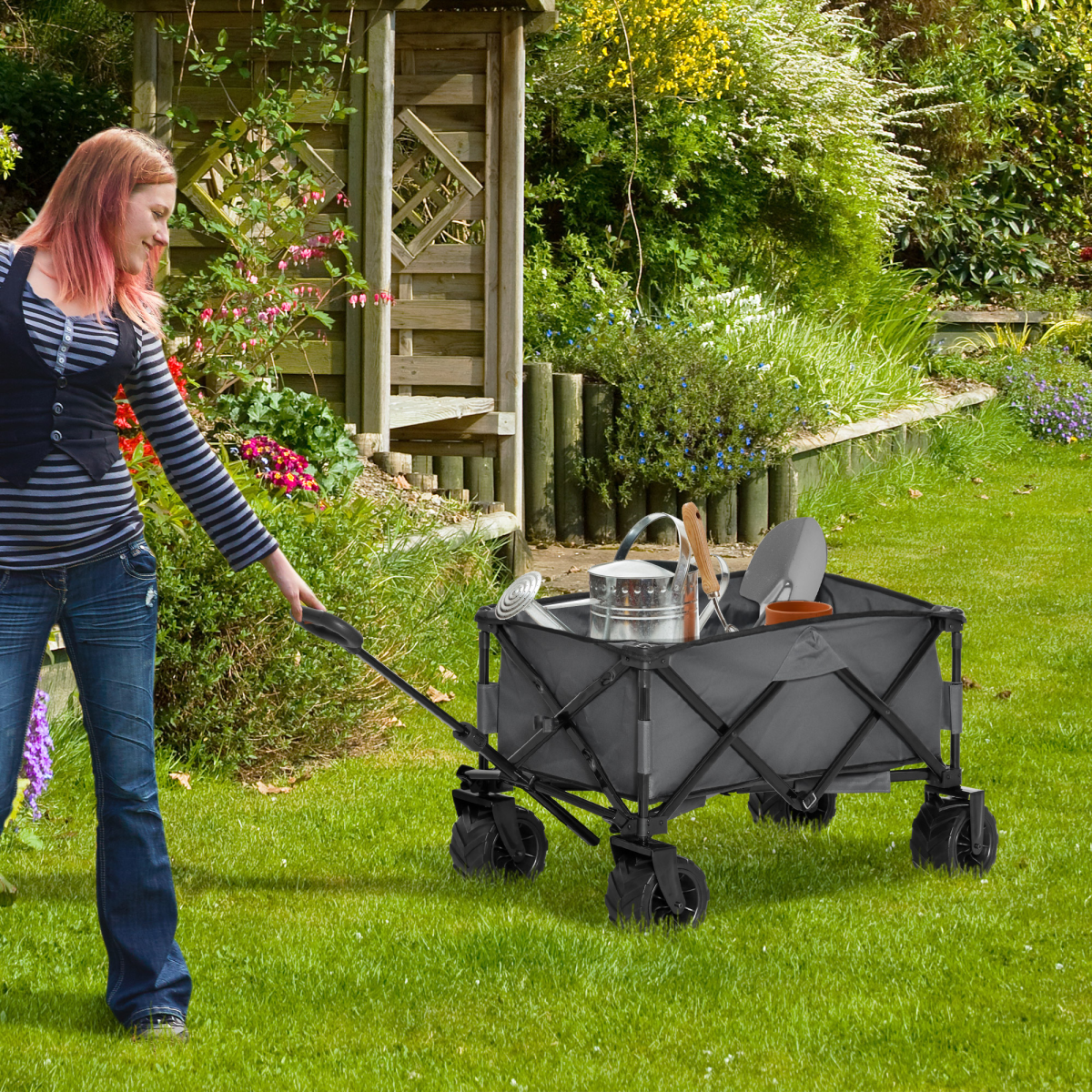 Outsunny Folding Cargo Wagon Beach Cart with Telescopic Handle & Metal Frame, 70kg Capacity – Dark Grey