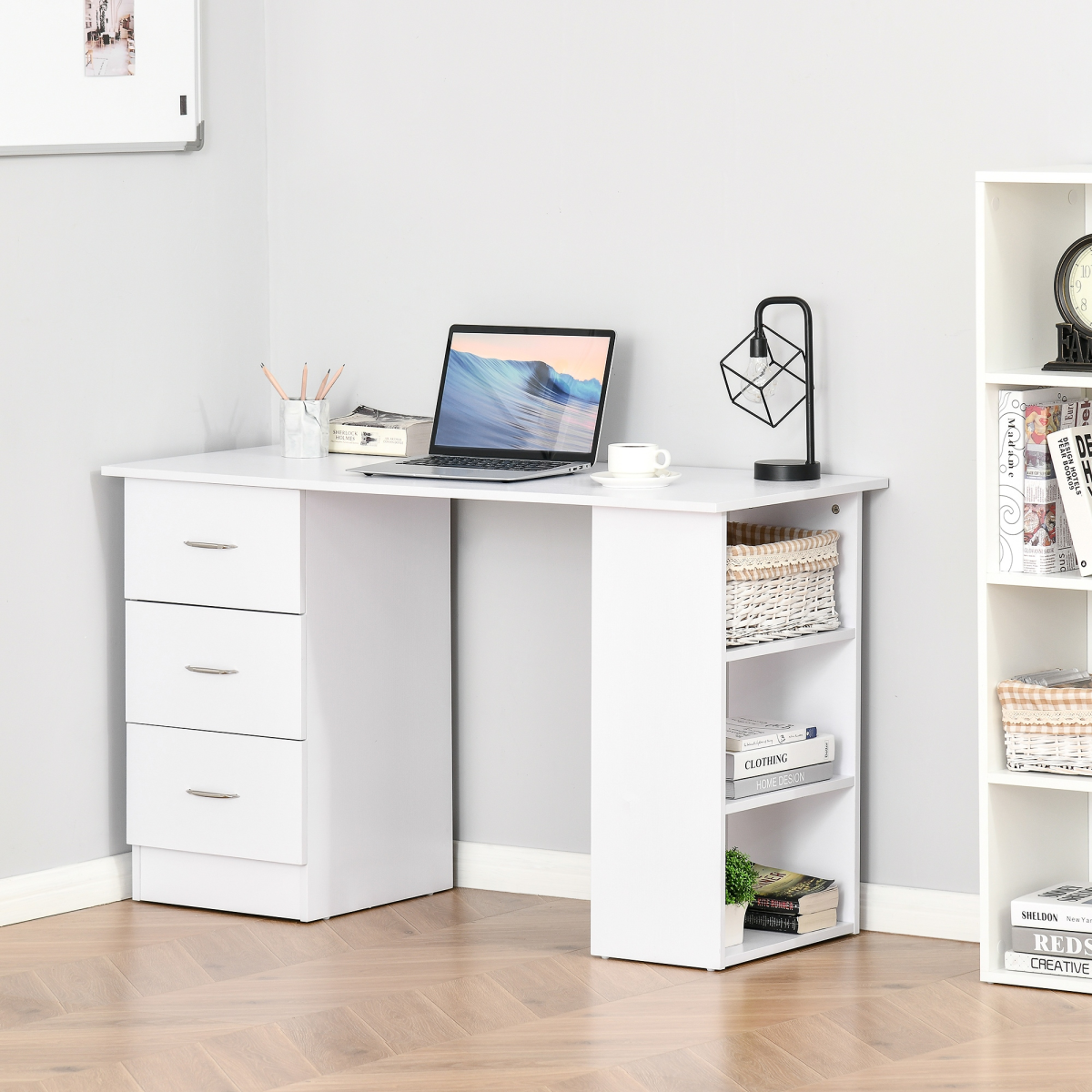 120cm Computer Desk with 3 Shelves & Drawers – Home Office Workstation, White