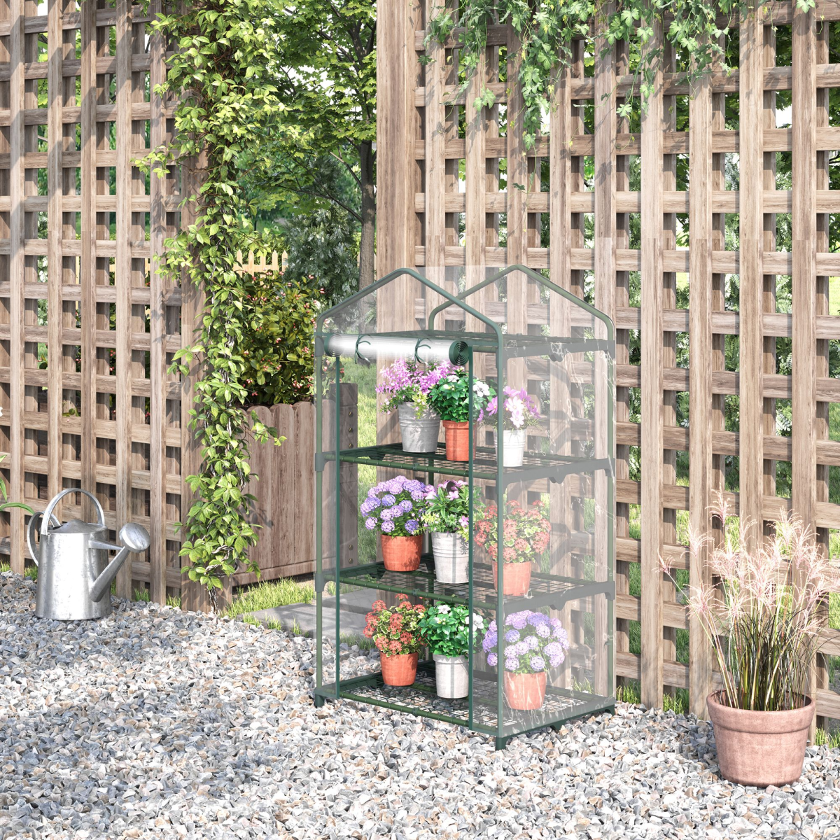 Outsunny 3 Tier Mini Greenhouse with Roll-Up Door & Wire Shelves, 69 x 49 x 125cm – Clear