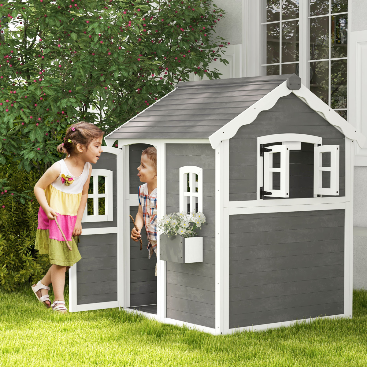 Outsunny Wooden Wendy House for Kids with Floor, Windows & Plant Box – Garden Playhouse, Grey