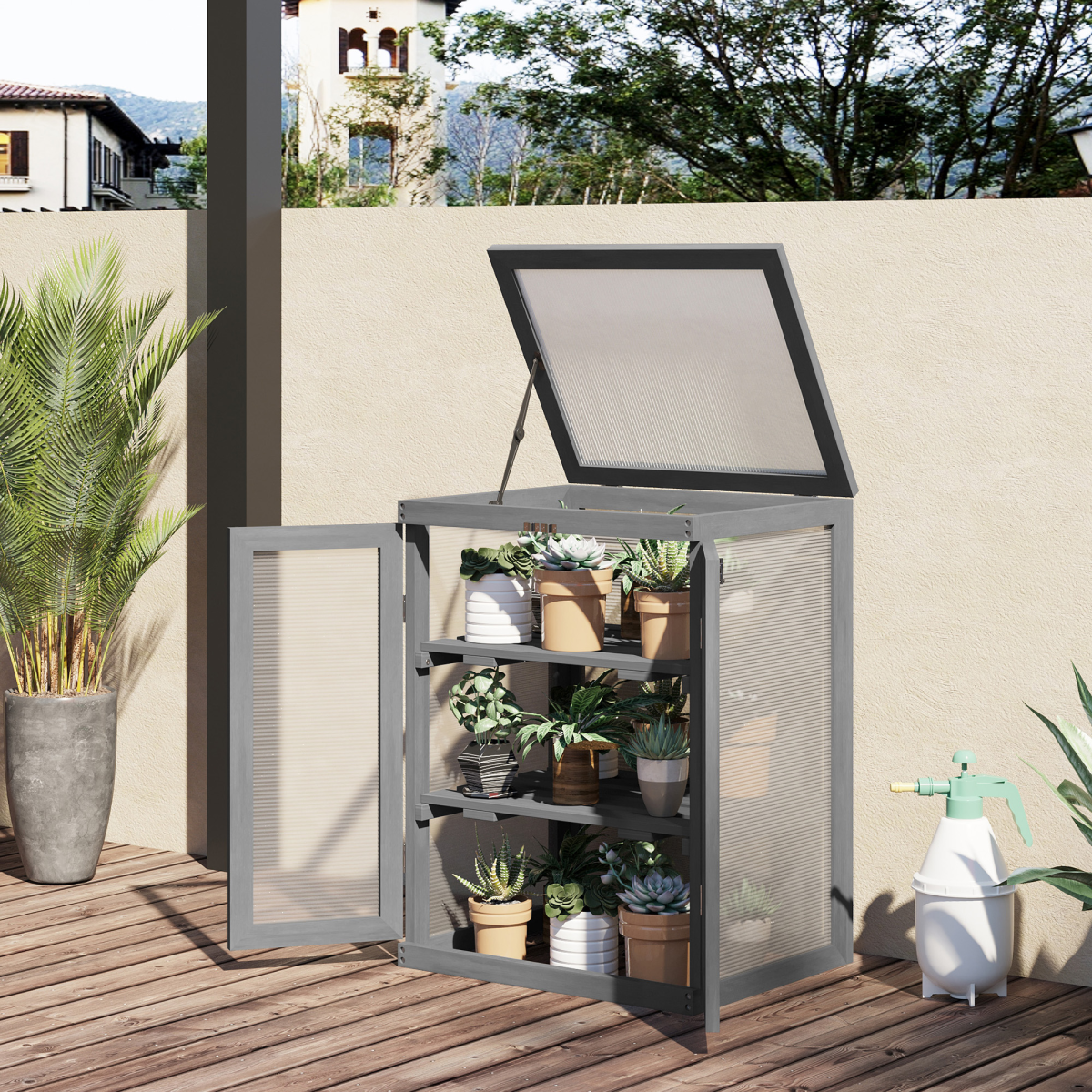 Outsunny 3-Tier Wooden Mini Greenhouse Cold Frame with Polycarbonate Panels & Flip-Top Lid – Plant Shelf