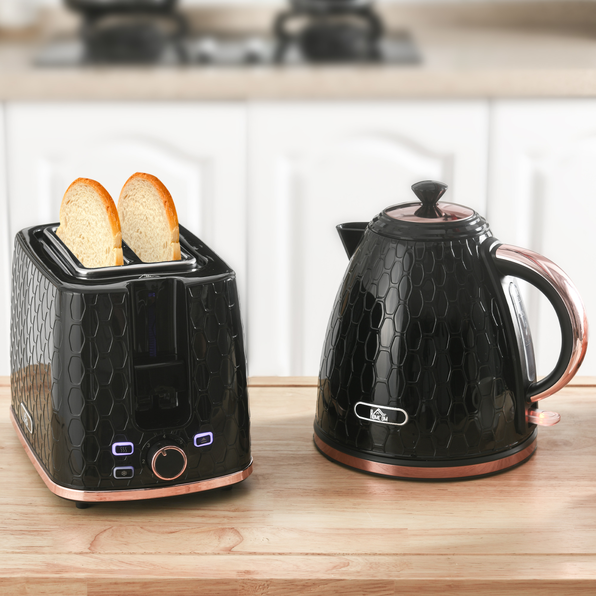 HOMCOM 1.7L Fast Boil Kettle & 2-Slice Toaster Set with 7 Browning Settings – Honeycomb Texture, Black