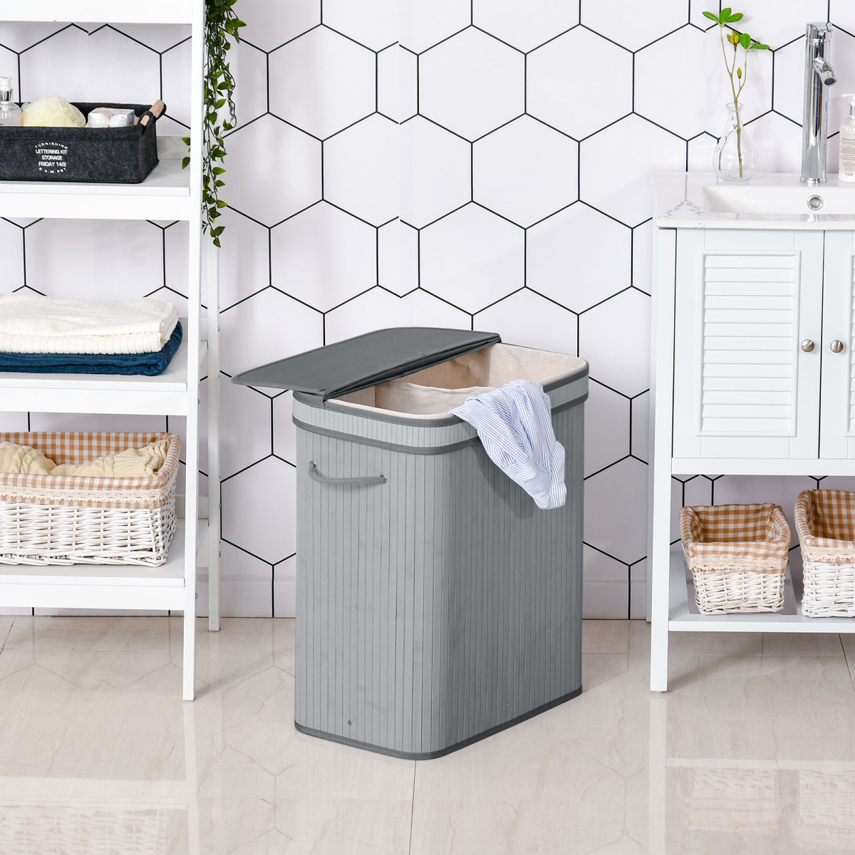HOMCOM 100L Bamboo Laundry Basket with Flip Lid and Removable Lining – Water-Resistant Hamper, Grey