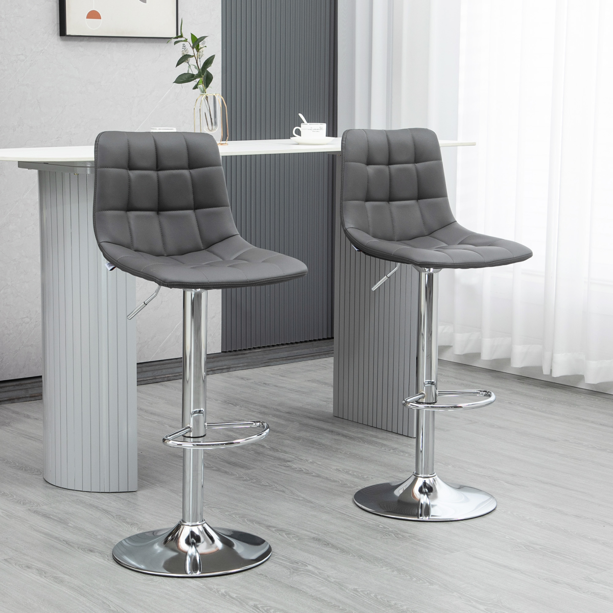 HOMCOM Set of 2 Adjustable Swivel Breakfast Bar Stools with Footrest – Soft Grey Upholstery