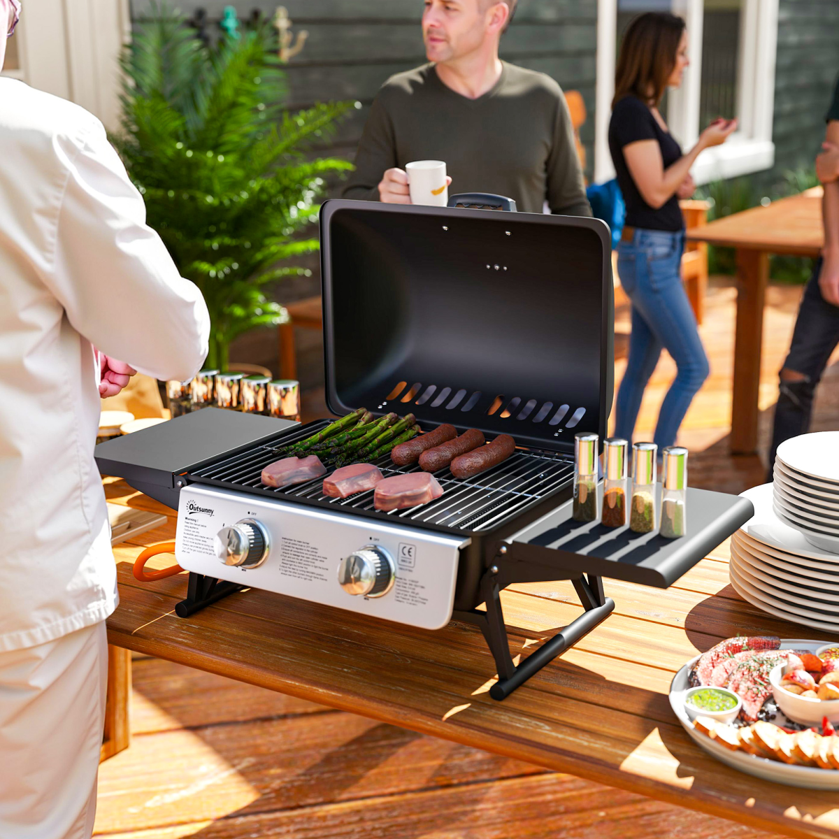 Outsunny Portable Tabletop Gas BBQ Grill with 2 Burners, Lid & Thermometer – Compact Outdoor Barbecue, Black