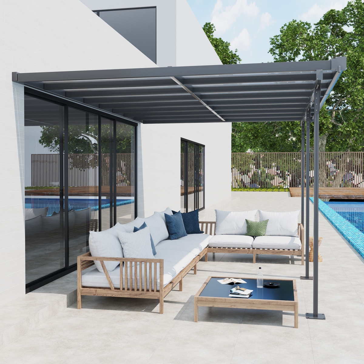 Outsunny Wall-Mounted Aluminium Pergola with Polycarbonate Roof, 4.35 x 3m – Patio Shelter