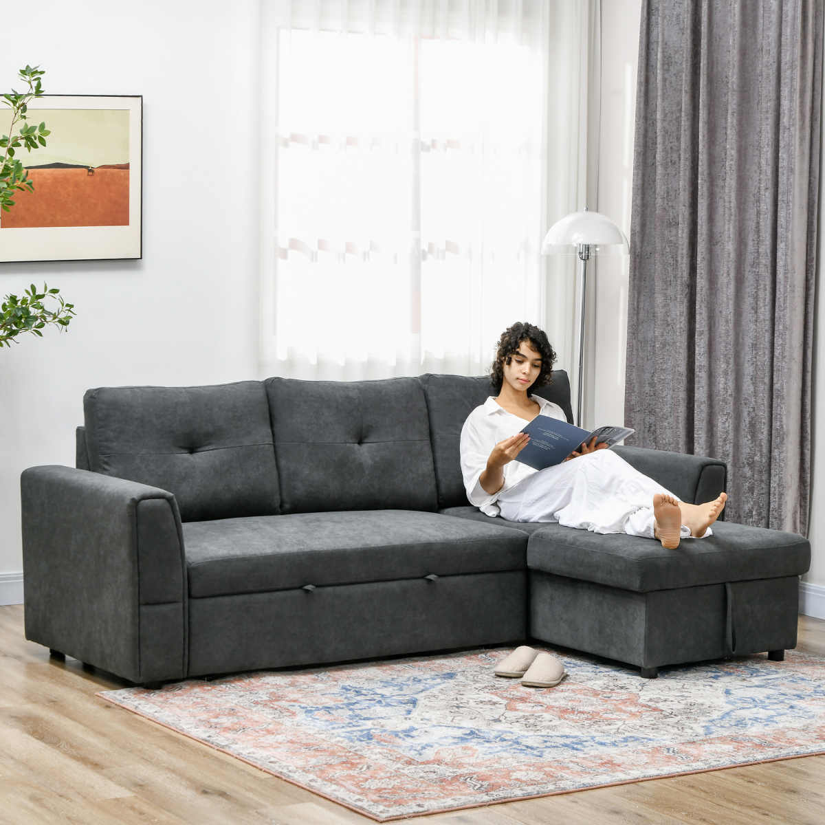 HOMCOM Dark Grey Sofa Bed chaise section side view