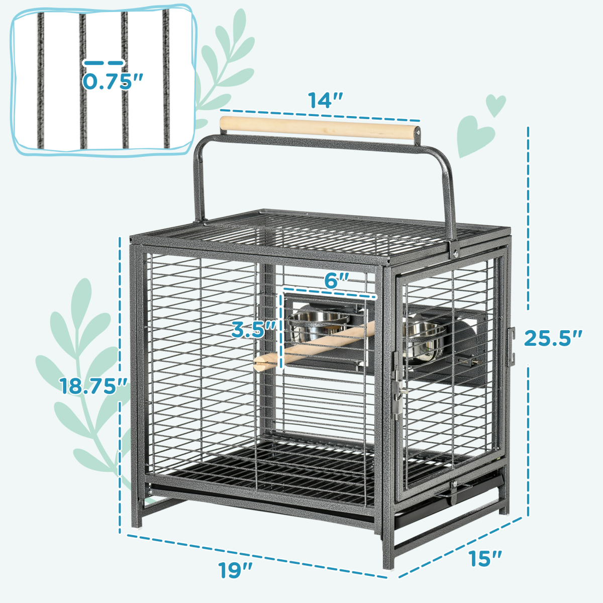 Wrought Iron Bird Cage with 4 Access Doors, Wooden Perch & Removable Tray – Portable Metal Cage with 2 Stainless Steel Bowls, Black