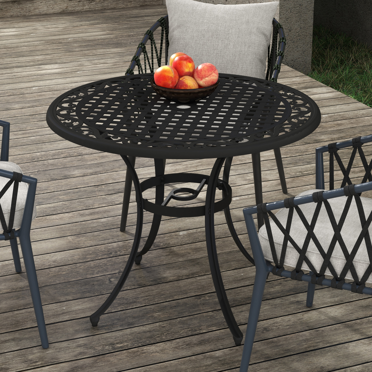 Outsunny 90cm Round Cast Aluminium Garden Table with 50mm Parasol Hole – Outdoor Patio Dining Table, Black
