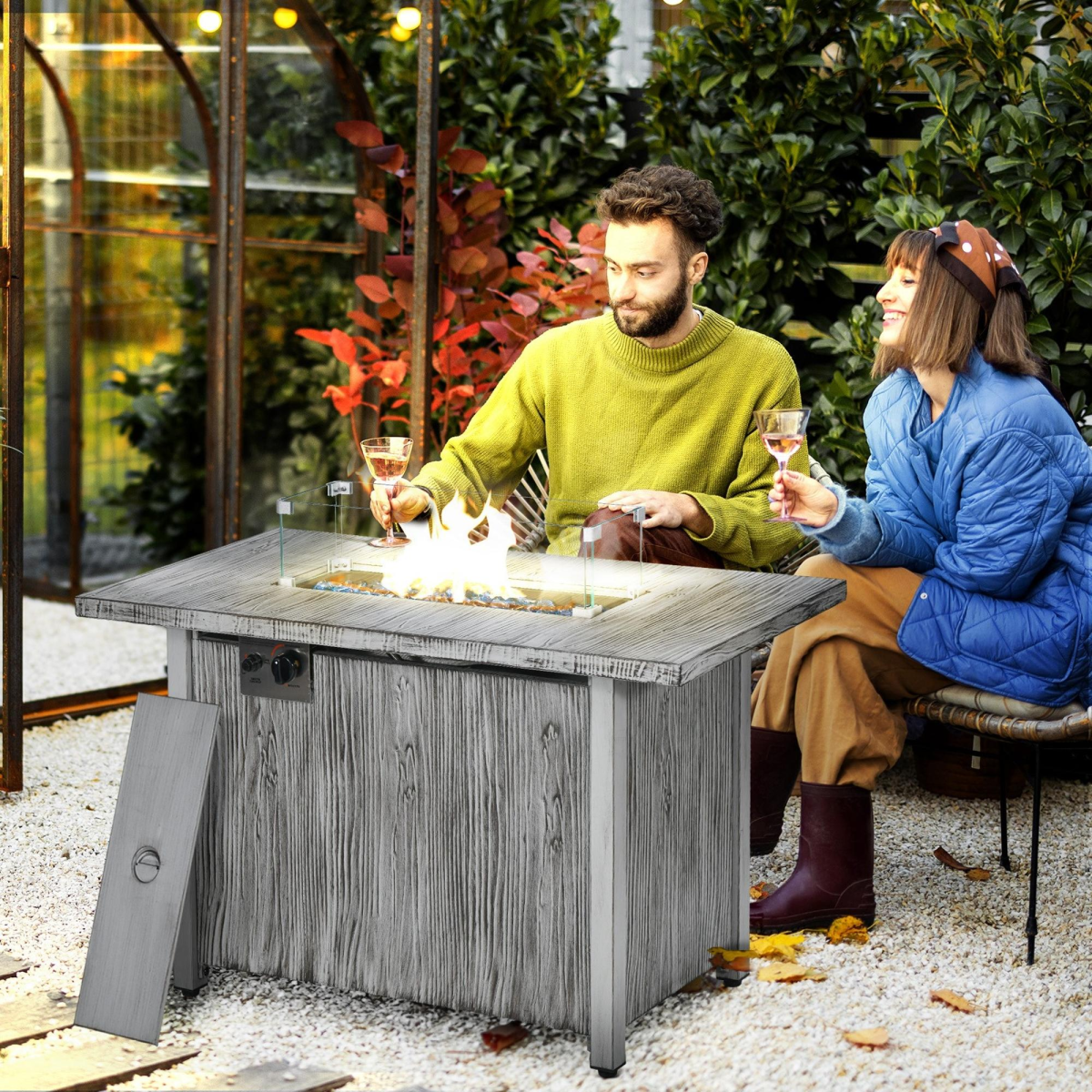 Outsunny 50,000 BTU Propane Gas Fire Pit Table with Waterproof Cover and Glass Screen, Wood-Effect Grey