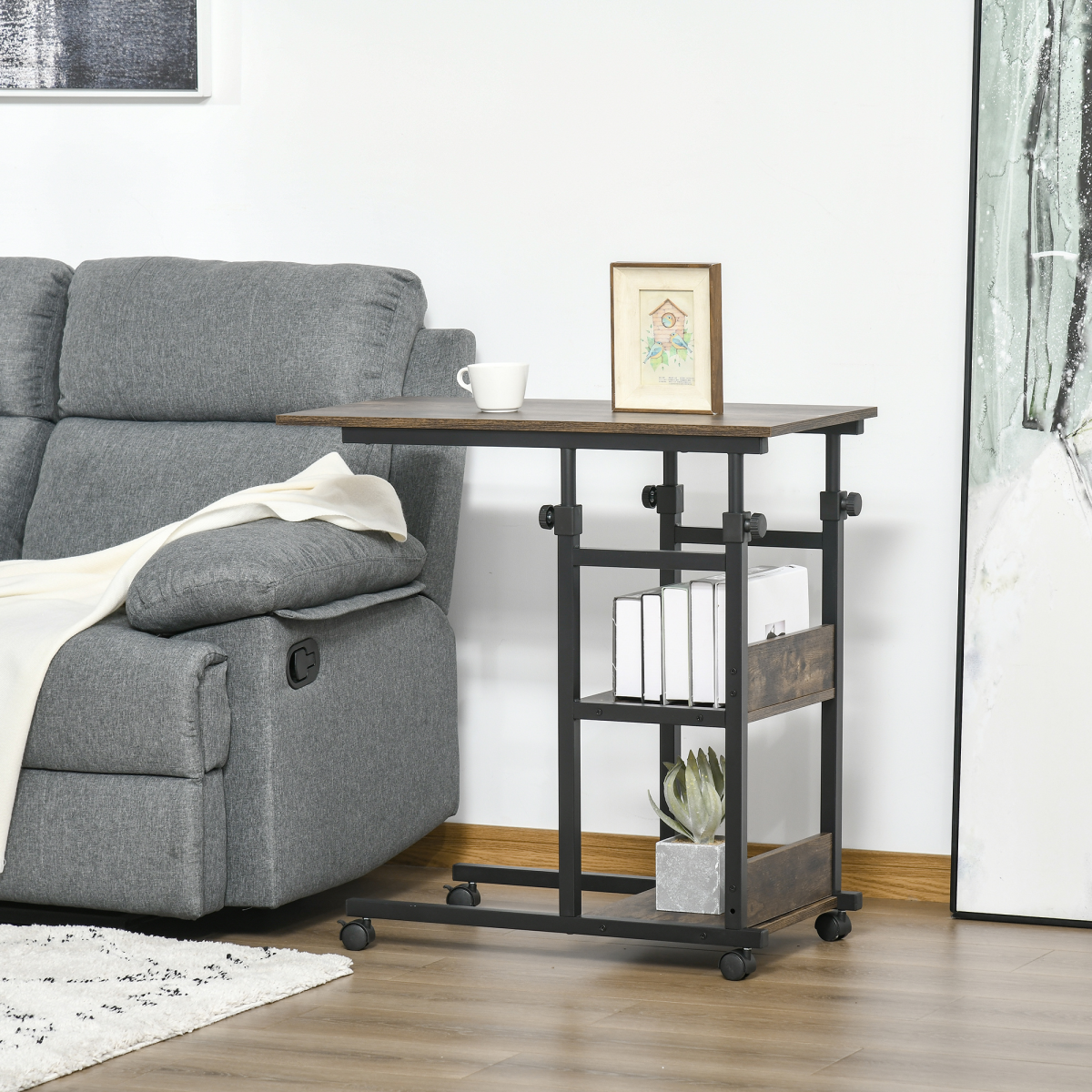 C-Shaped Mobile Side Table with 3 Tiers, Adjustable Height & Lockable Wheels – Sofa, Bed & Bar Cart