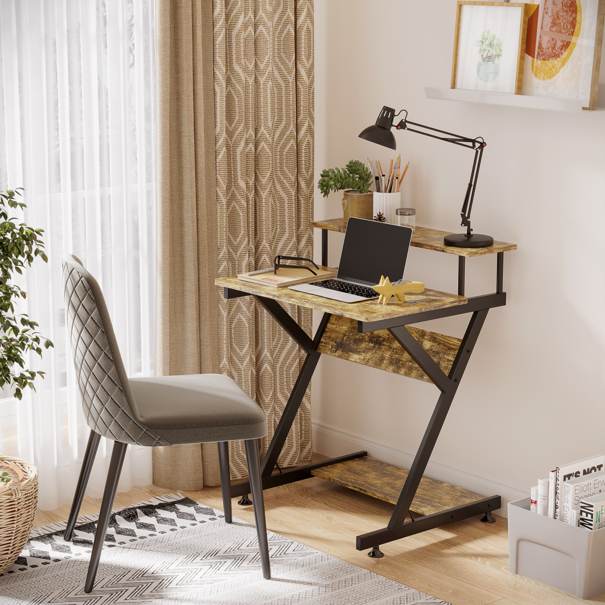 HOMCOM R-Shaped Computer Desk with Monitor Shelf and Storage Shelf, Metal Frame – Brown