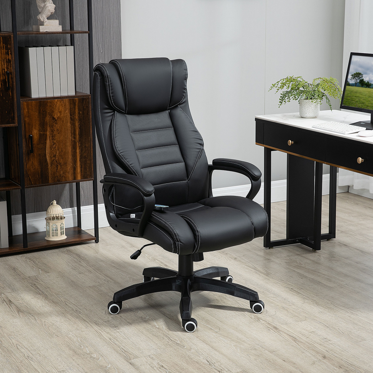 High Back Executive Massage Office Chair with 6-Point Vibration & Wired Remote – PU Leather, Black