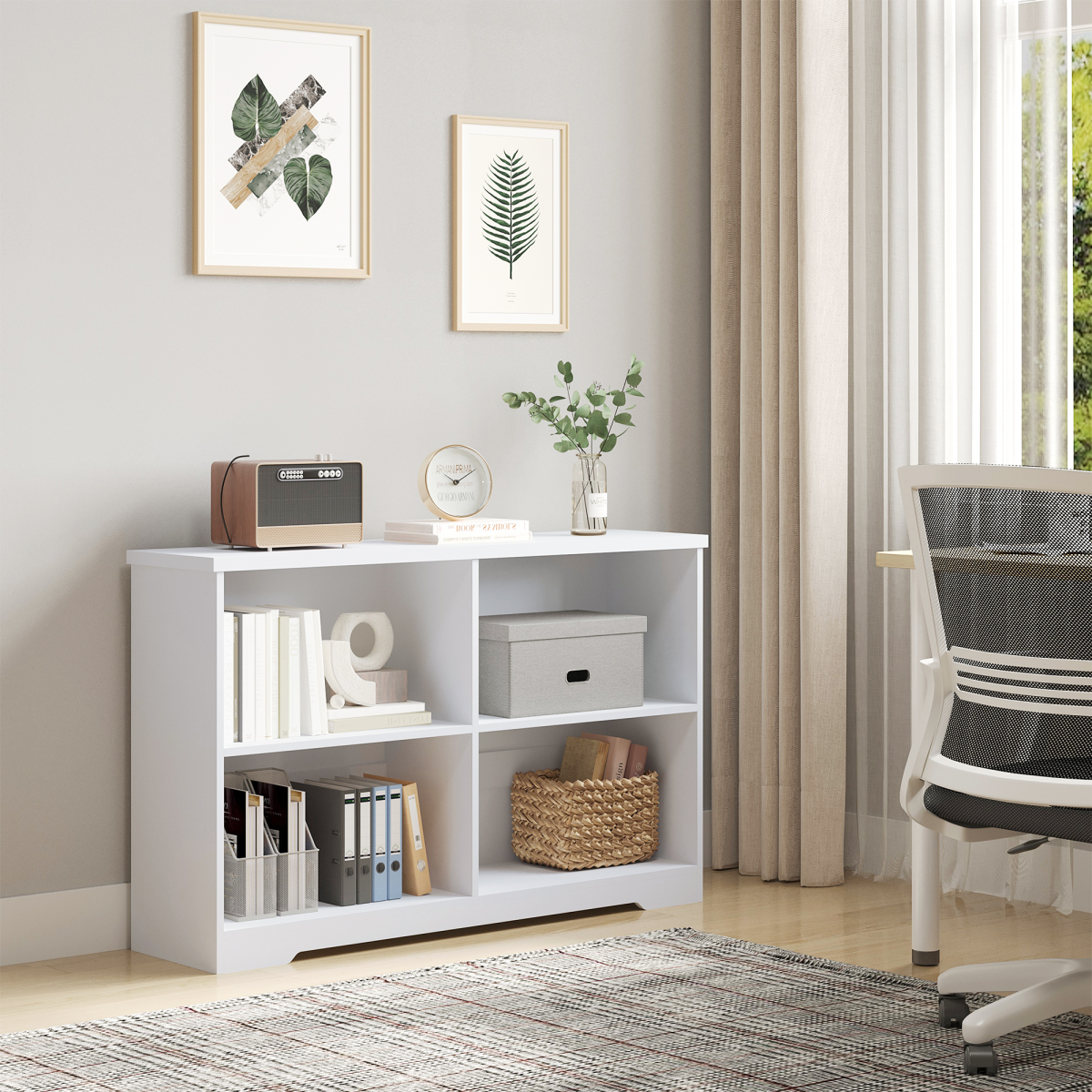 Modern 4-Compartment Low Bookcase with Adjustable Shelves and Anti-Tipping Straps – Cube Display Unit, White
