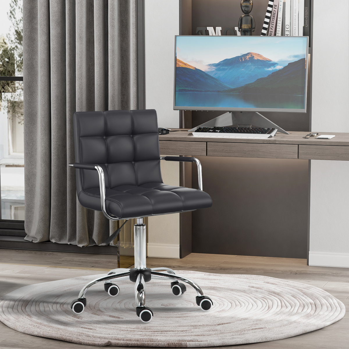 Vinsetto Mid Back PU Leather Home Office Chair with Armrests, Swivel Wheels and Adjustable Height, Black