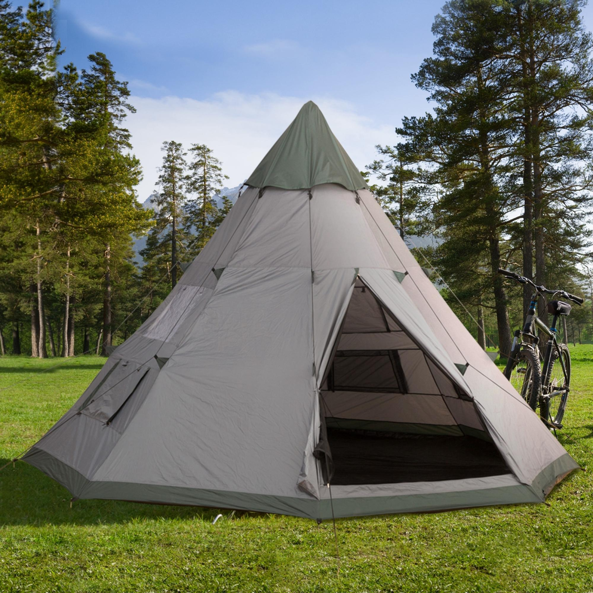 Outsunny 6–7 Person Tipi Camping Tent with Mesh Windows & Carry Bag – Large Family Party Tent