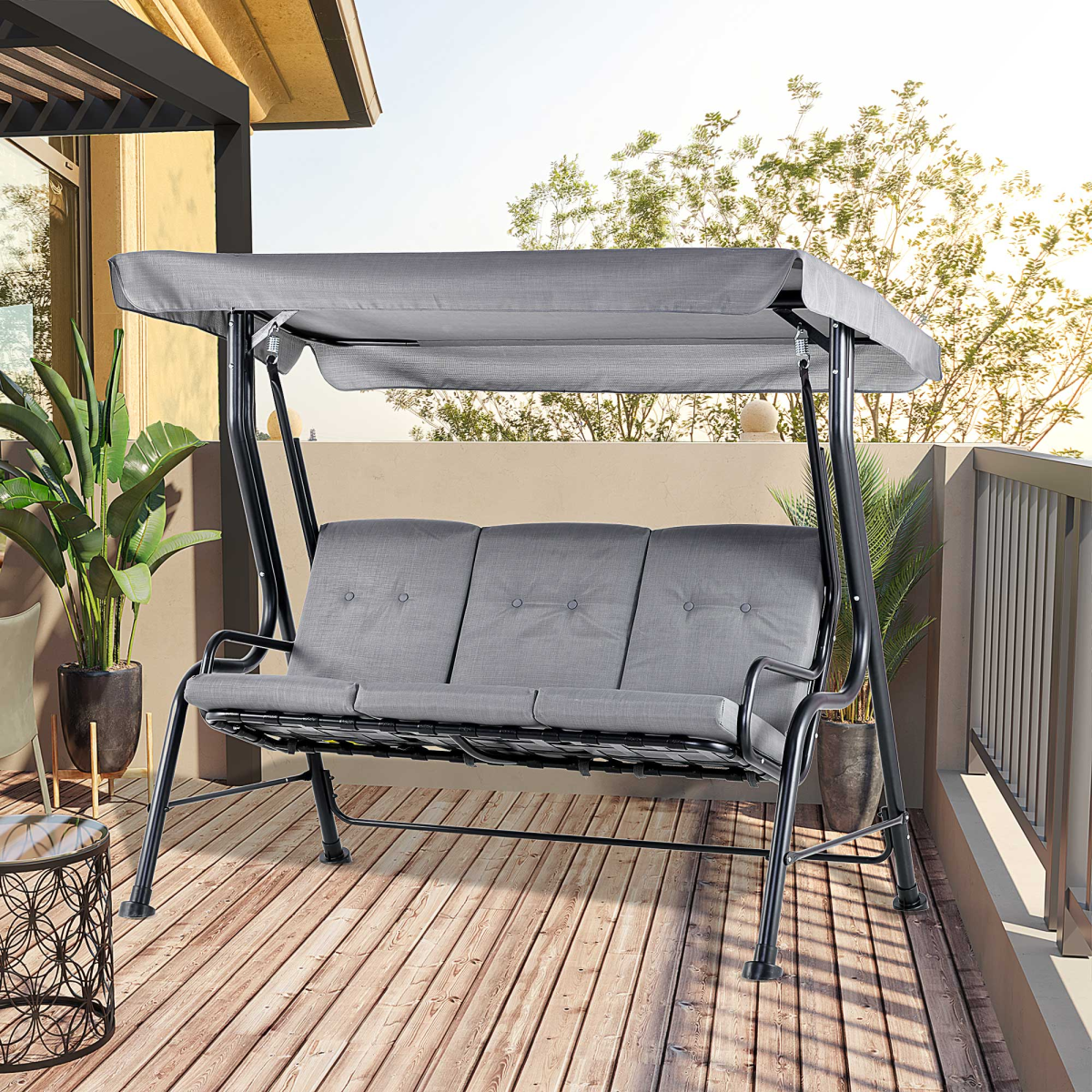 Outsunny 3 Seater Garden Swing Chair with Thick Padded Seat & Canopy – Bench Bed, Grey