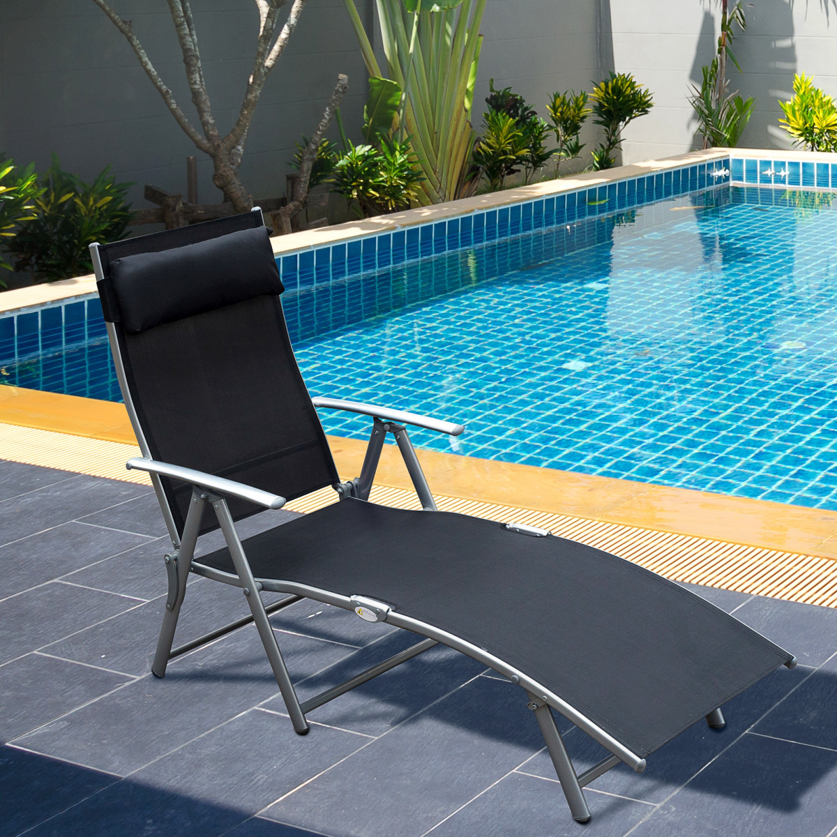 Outsunny Foldable 7-Position Textilene Sun Lounger with Pillow – Reclining Garden Chair, Black