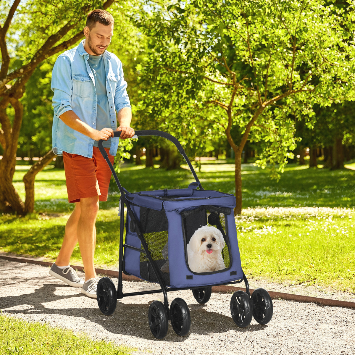 PawHut One-Click Foldable Pet Stroller with Mesh Windows & Four Wheels – Dog Buggy for Small Dogs, Blue
