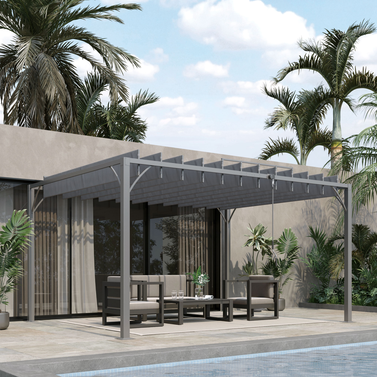 Outsunny 4 x 3m Metal Pergola with Retractable Louvred Roof – 135° Louvres, UV50+ Protection, Grey