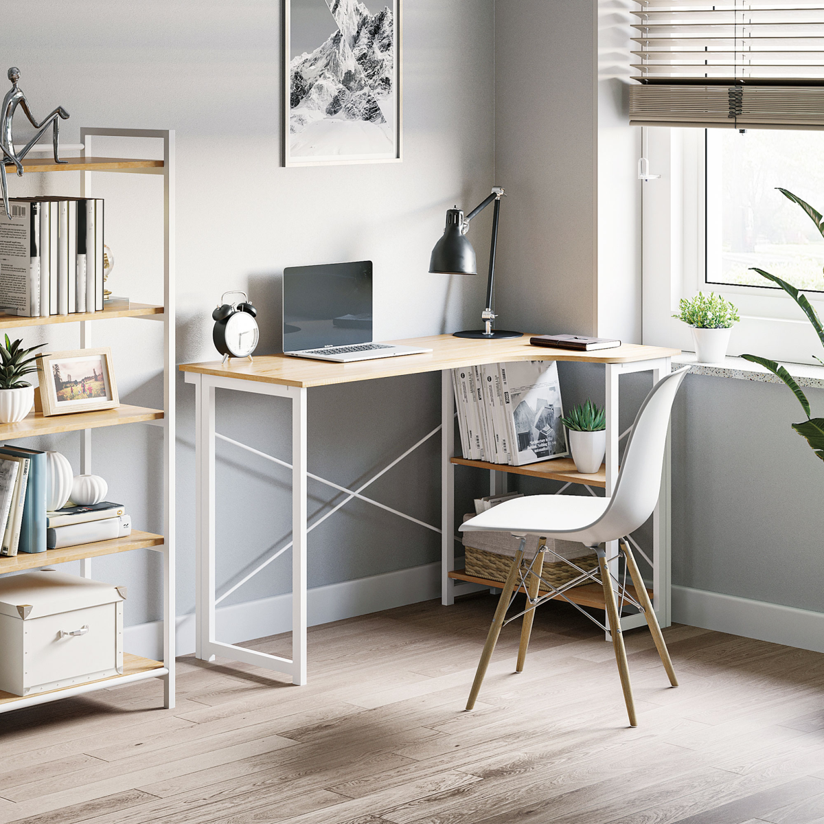 HOMCOM L-Shaped Folding Computer Desk with 2 Shelves – Oak Tone, Space-Saving Home Office