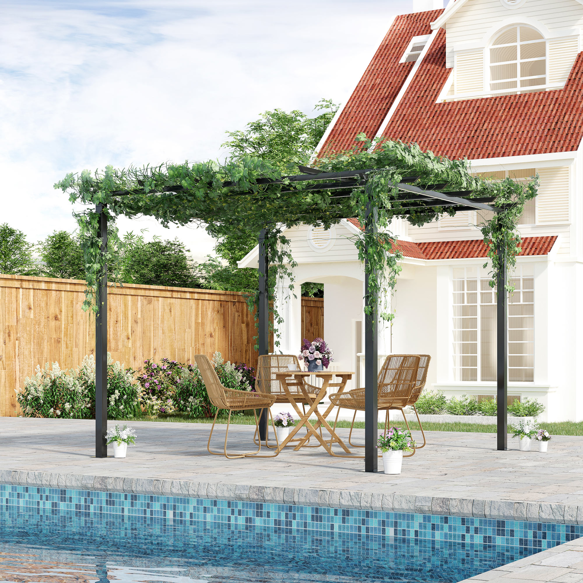 Outsunny 3 x 3m Metal Pergola with Grid Top & 8 Ground Stakes – Garden Plant Support Frame, Black