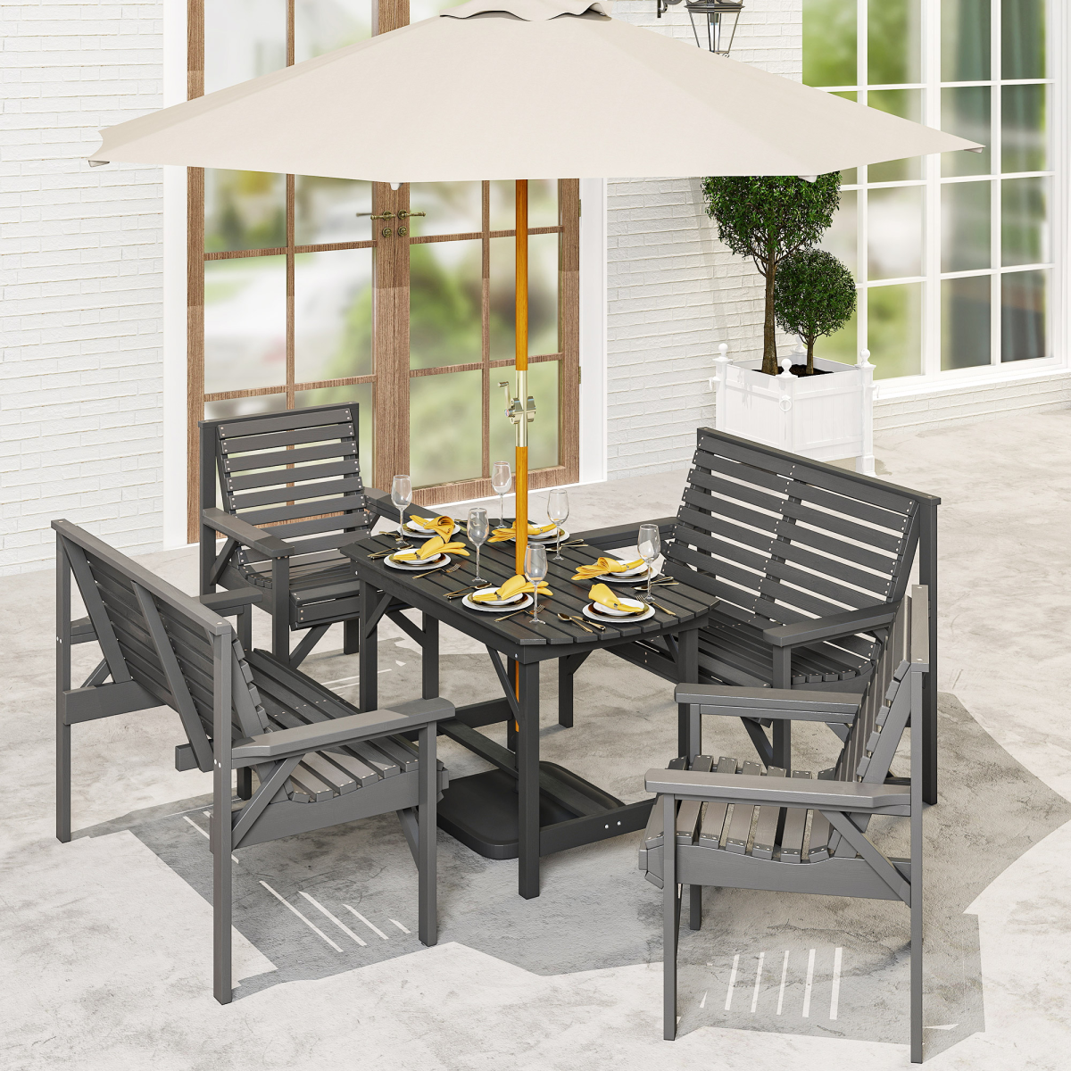 Outsunny 5-Piece Fir Wood Patio Dining Set with 60mm Umbrella Hole – Table, Chairs & Loveseats, Grey