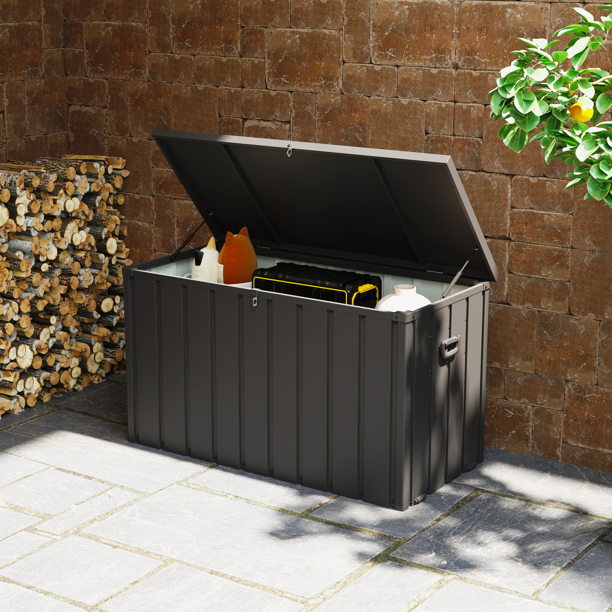 Outsunny 450L Waterproof Outdoor Storage Box with Wheels, Handles & Air Pump Lid – Garden Storage, Dark Grey