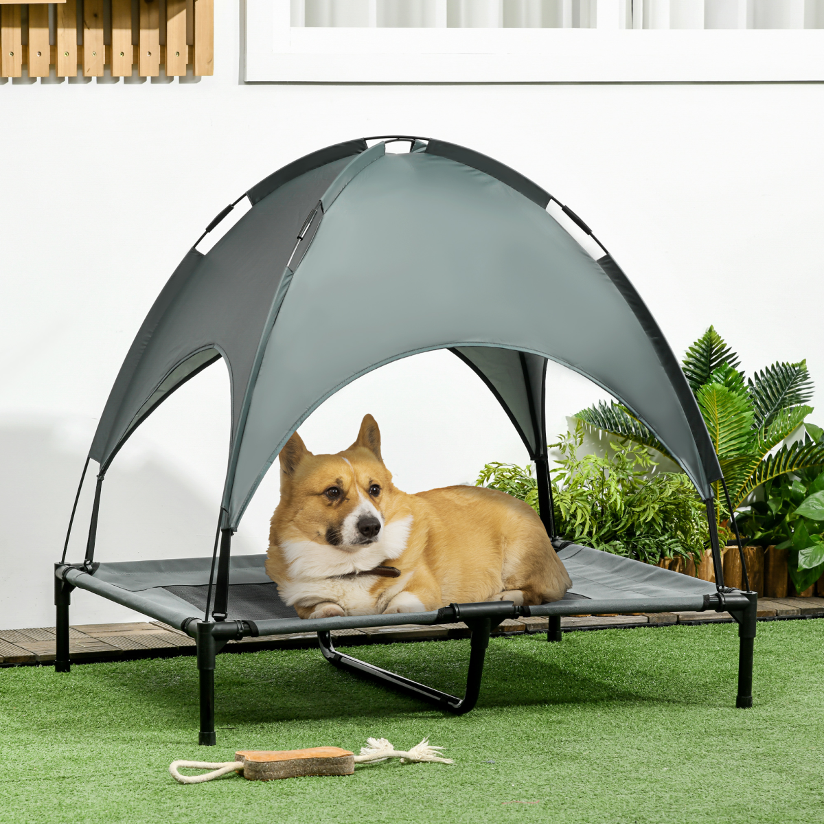 Pawhut 92cm Elevated Dog Bed with Removable UV Protection Canopy – Cooling Raised Pet Cot with Travel Bag, Grey