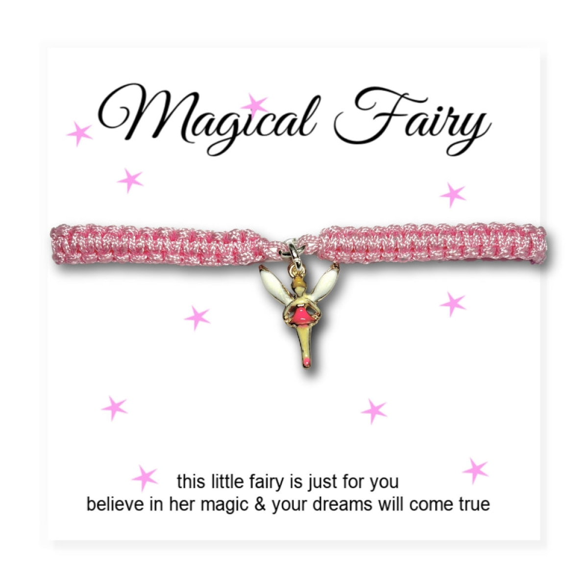 Aye Do Gifts Magical Fairy Friendship Bracelet with Gift Card – Pink Cord, Gold Enamel Fairy, Gift Boxed