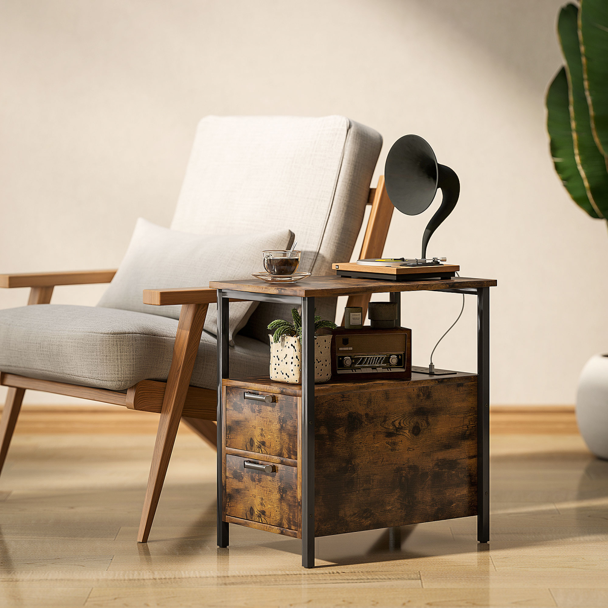 HOMCOM Bedside Table with Charging Station, 2 Drawers and Open Shelf – Nightstand or Side Table, Rustic Brown