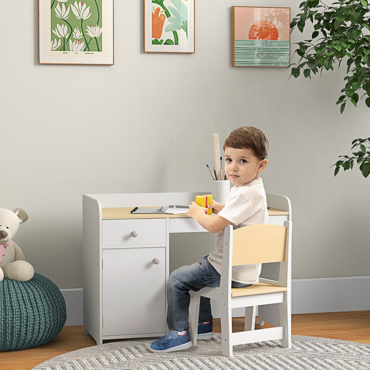 ZONEKIZ Kids Desk and Chair Set for 3–6 Year Olds with Storage Drawer and Compartment – White