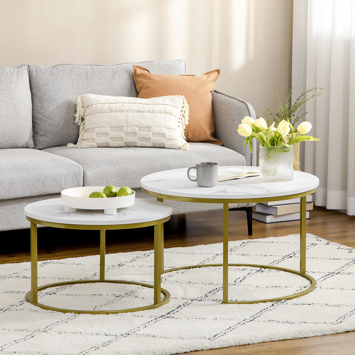 HOMCOM Round Marble-Effect Nest of 2 Coffee Tables – Space-Saving Living Room Side Tables