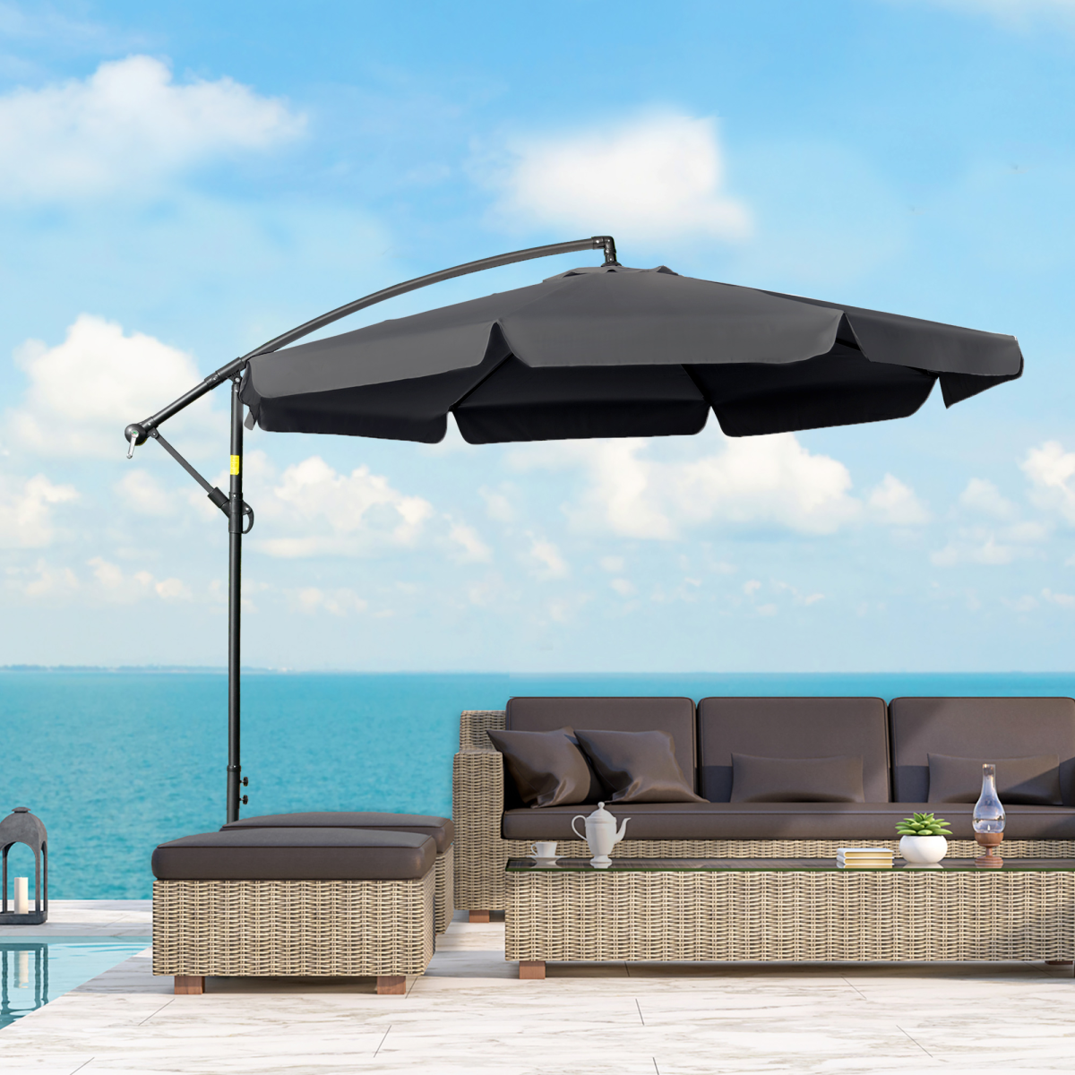 Outsunny 2.7m Cantilever Banana Parasol with Crank Handle & Cross Base – Garden Sun Shade, Black
