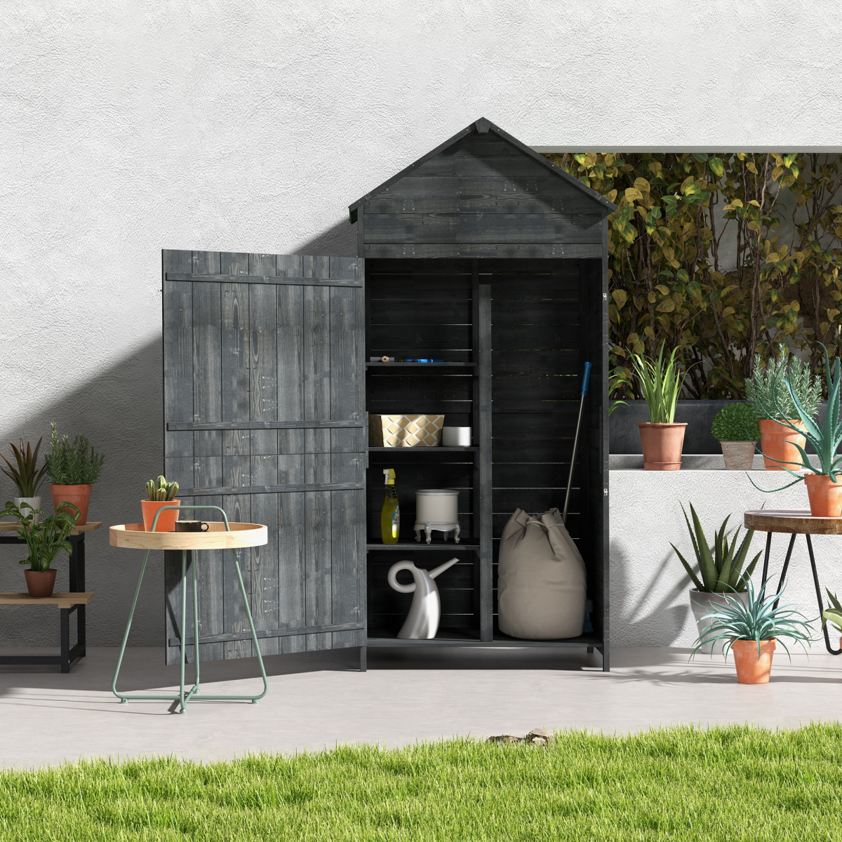 Outsunny Wooden Garden Shed with Three Shelves, Double Doors & Lock – Outdoor Tool Storage Cabinet, Grey