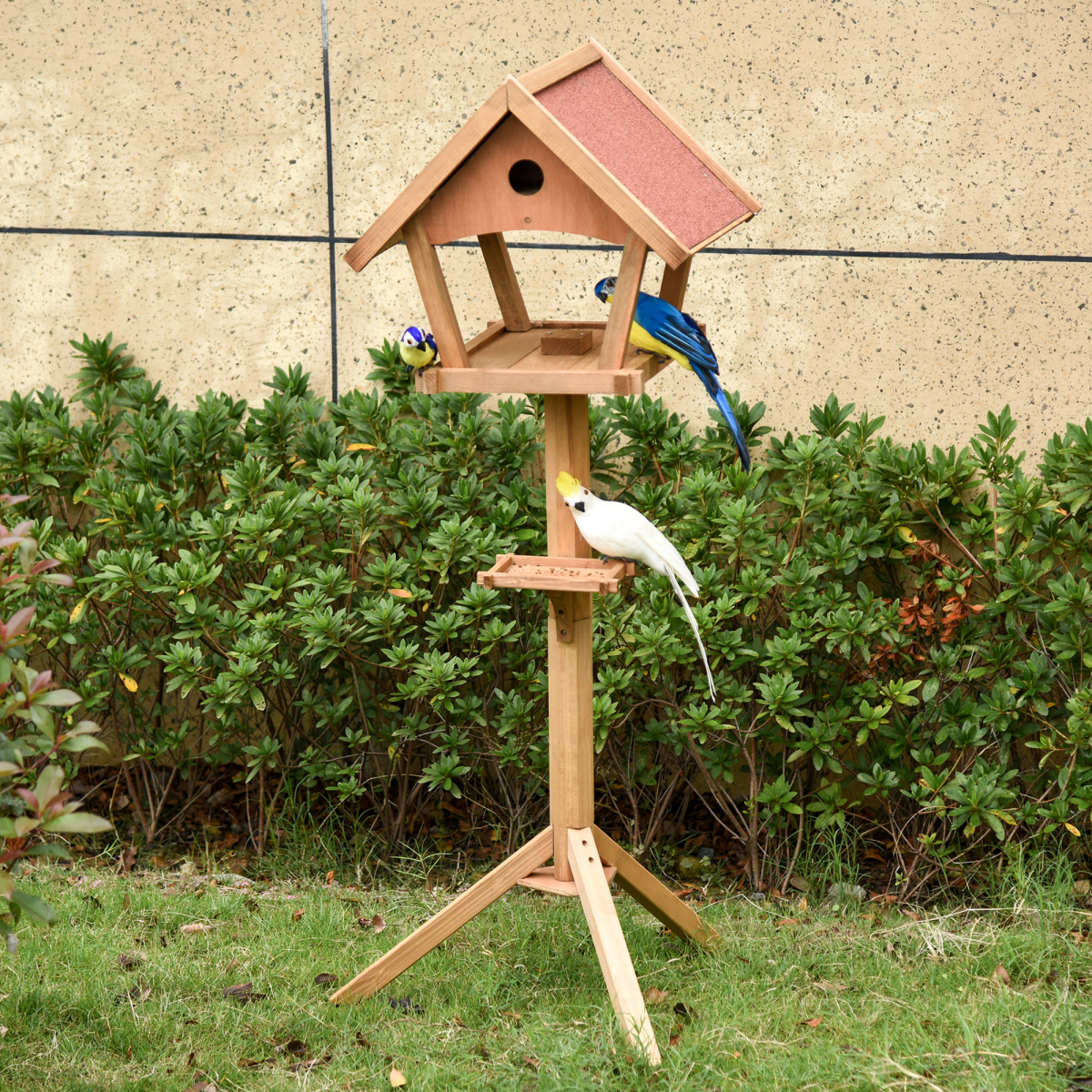 PawHut Wooden Bird Feeder Stand with 2 Platforms and Nesting Hole – Weather Resistant Garden Bird House