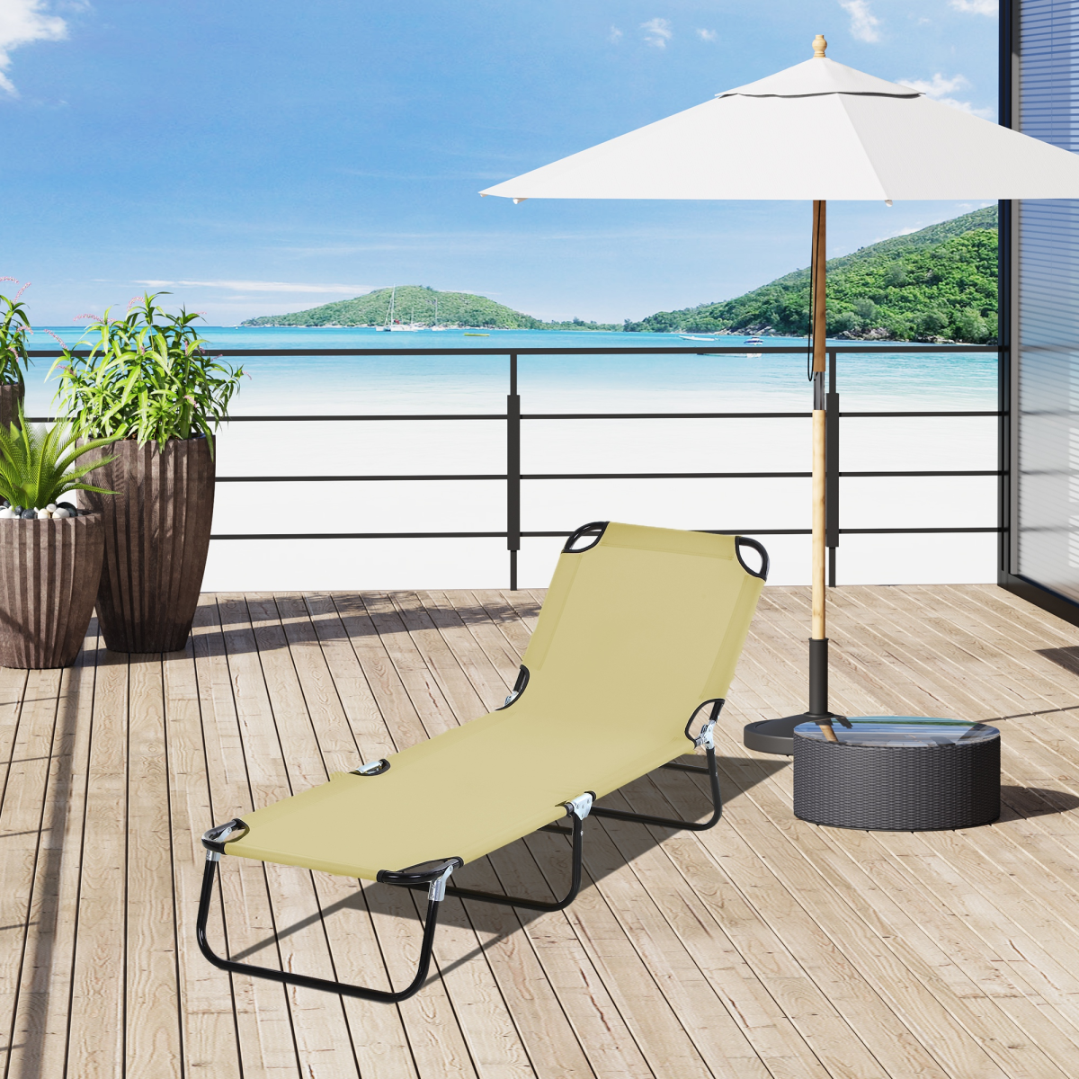 Outsunny Reclining Lounge Chair with 3-Level Adjustable Backrest – Camping, Hiking and Beach Chair, Beige