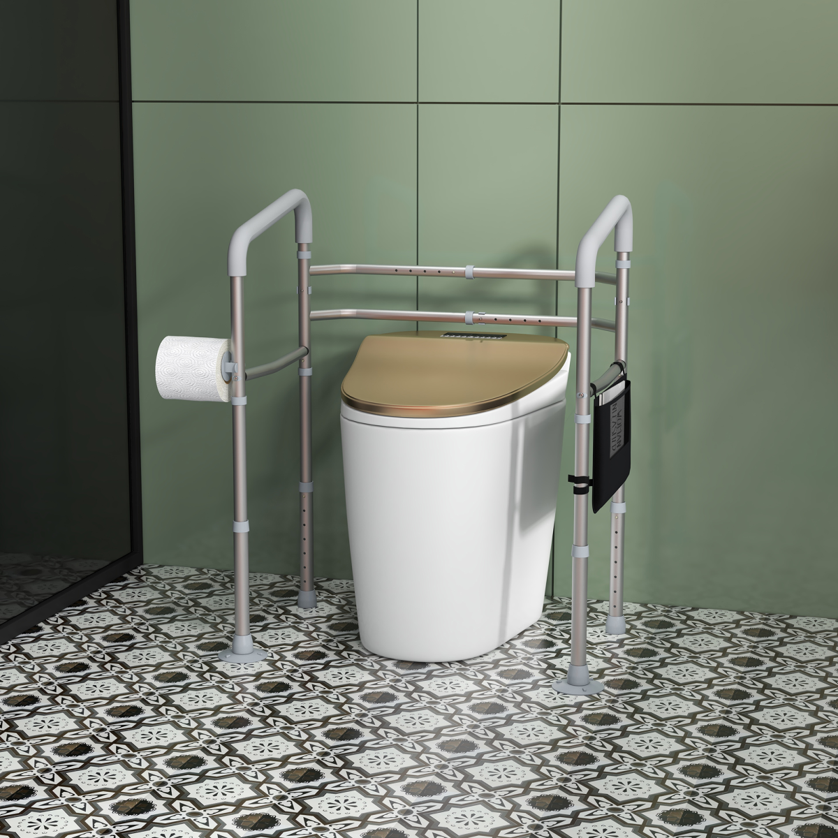 HOMCOM Adjustable Toilet Safety Frame with Padded Arms, Paper Holder and Side Pocket – Aluminium Bathroom Aid