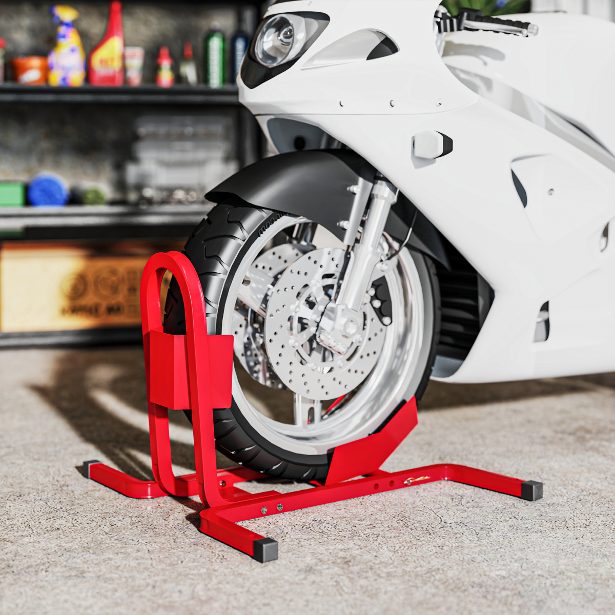 HOMCOM Adjustable Motorcycle Wheel Chock with Metal Frame – Free-Standing Motorbike Front Wheel Holder, 250kg, Red