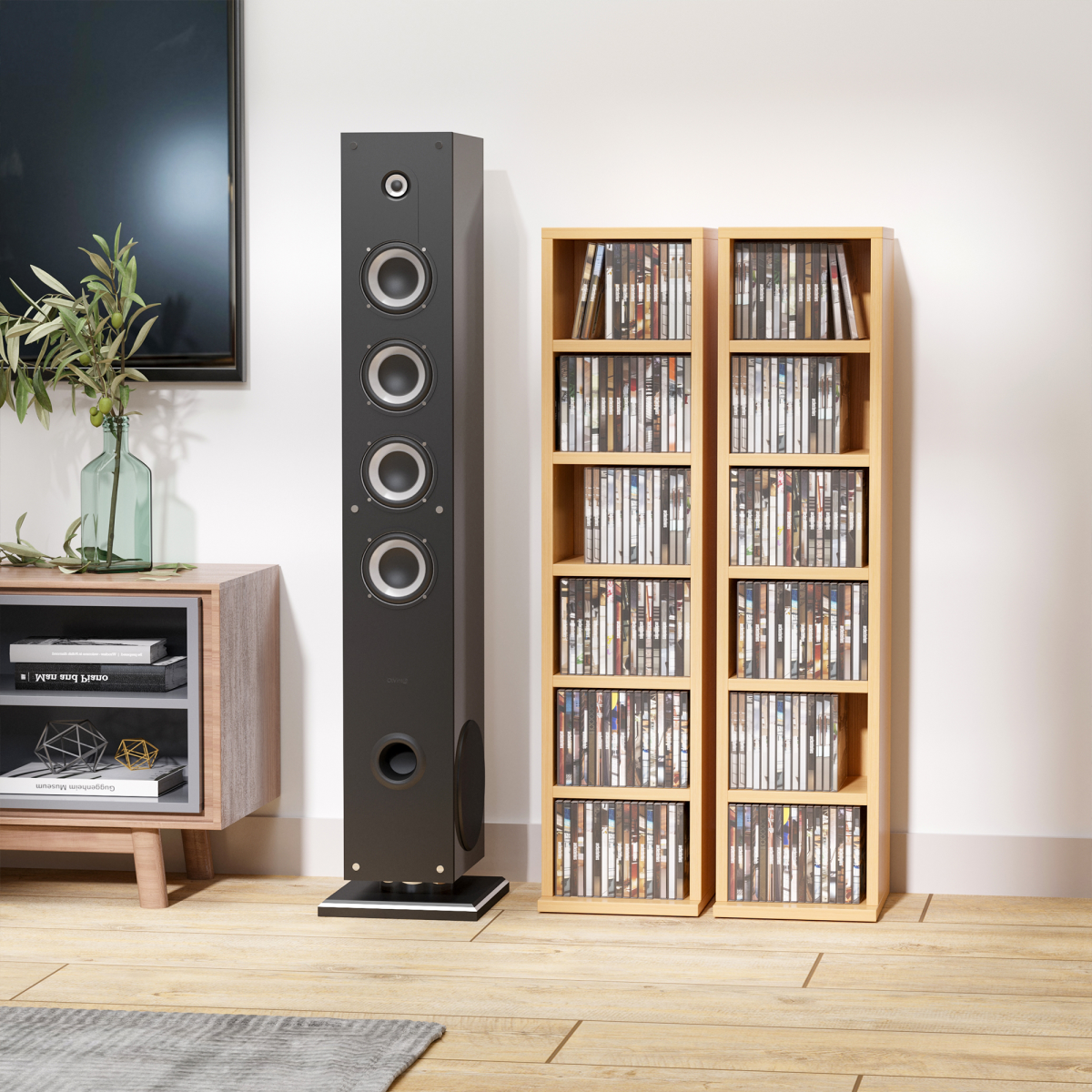 Set of 2 CD & Media Tower Racks with Adjustable Shelves – Slim Storage for CDs, DVDs & Games, Wood Colour