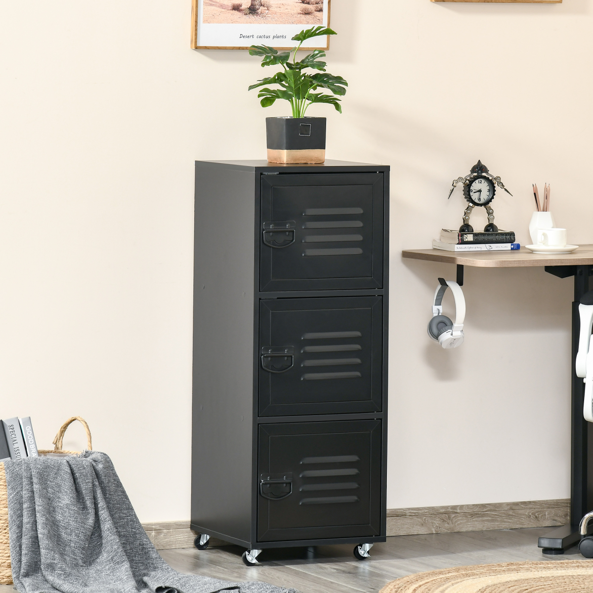 Rolling Storage Cabinet with 3 Compartments, Metal Doors and Wheels – Industrial Mobile File Cabinet, Black