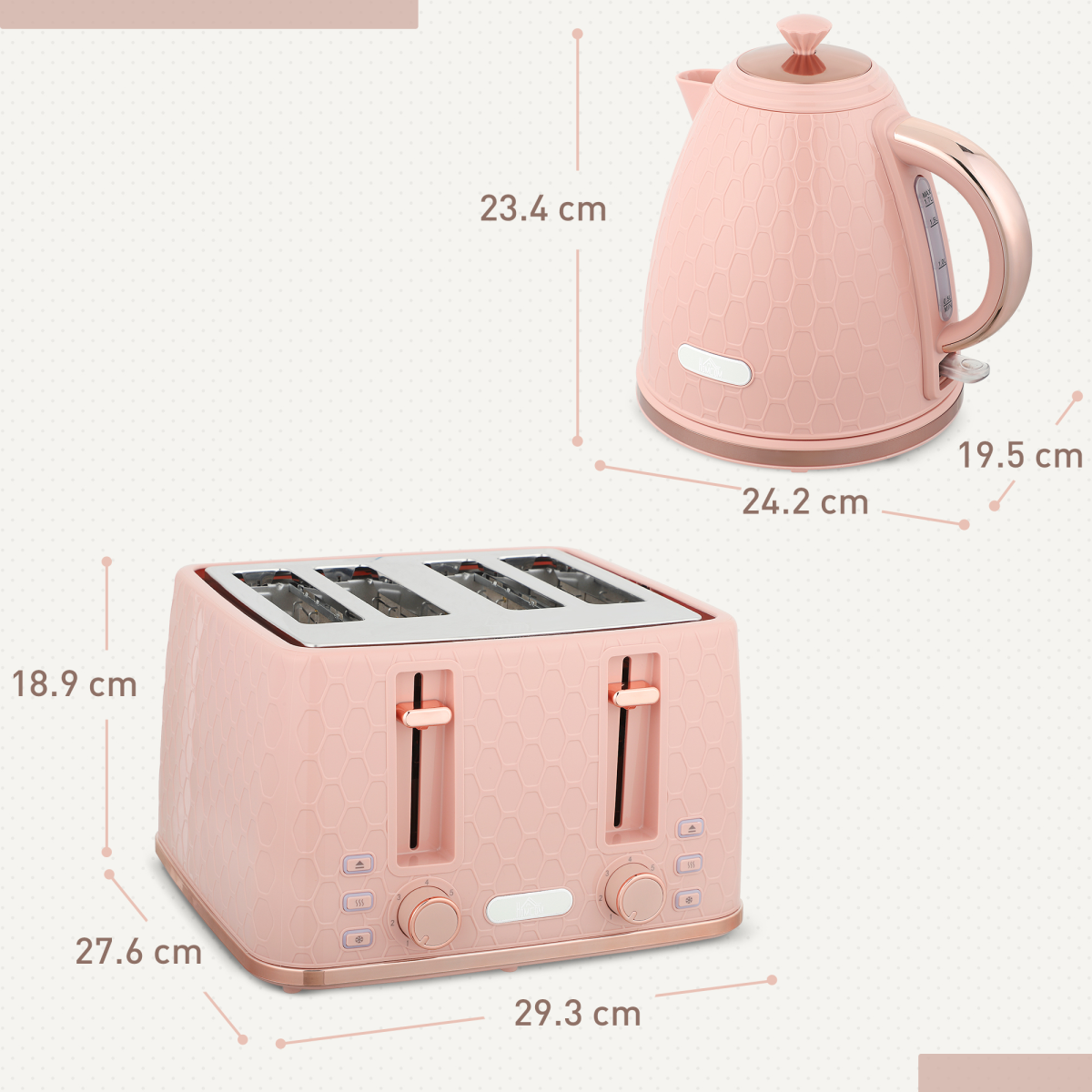 Kettle and 4-Slice Toaster Set with 1.7L Fast Boil Kettle & 7 Browning Levels – Pebbled Design, Light Pink