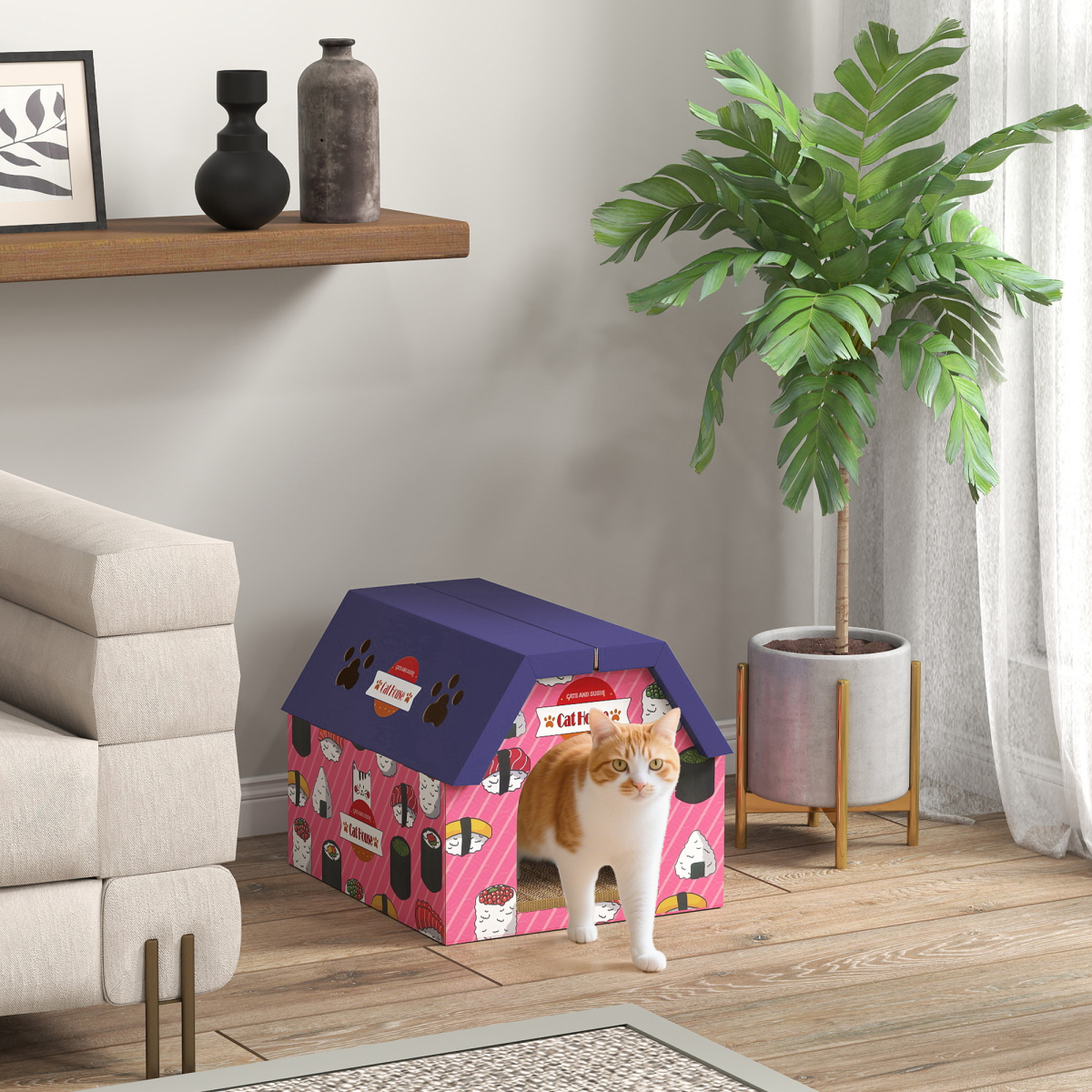PawHut 2-in-1 Cat Scratching Board House with 4 Paw-Shaped Vents & Cat Grass – Cardboard Cat Bed, Pink