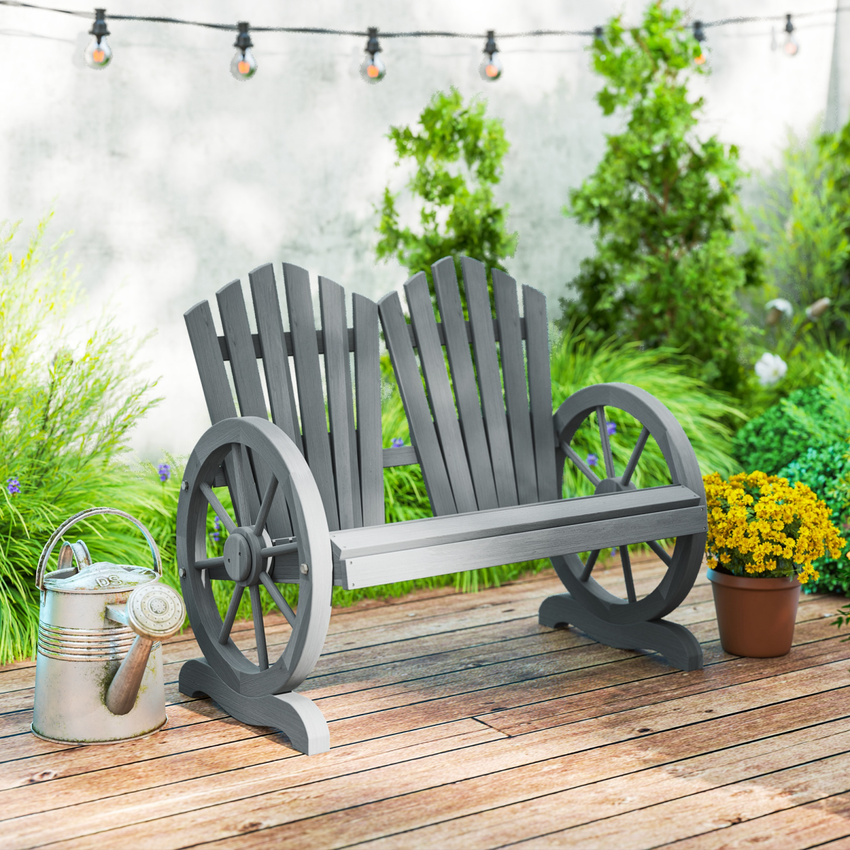 Outsunny Grey Fir Wood Outdoor Chair with Wheel-Shaped Armrest & Ergonomic Back Support – 250kg Capacity Garden Seating