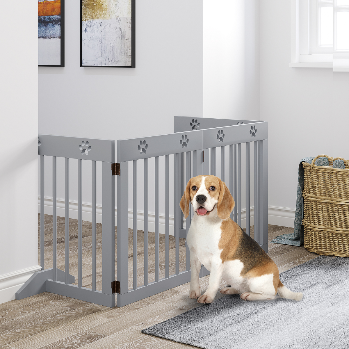 PawHut Freestanding Pet Gate with 4 Folding Panels & Support Feet – Wooden Dog Barrier for Doors and Stairs