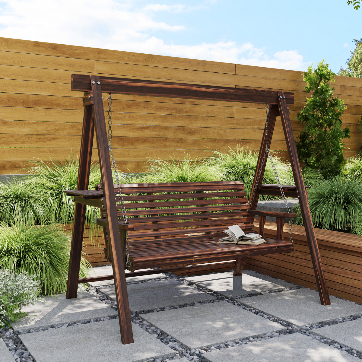 Outsunny 3-Seater Wooden Garden Swing Chair with Side Tables, Adjustable Chains and Cushion – Fir Wood