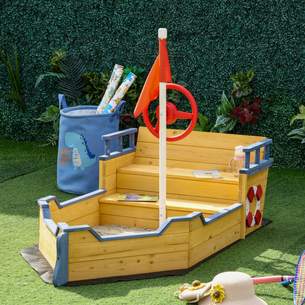 Outsunny Kids Wooden Sandbox Pirate Ship with Bench Seat and Storage Space – Garden Sandpit for Ages 3–6