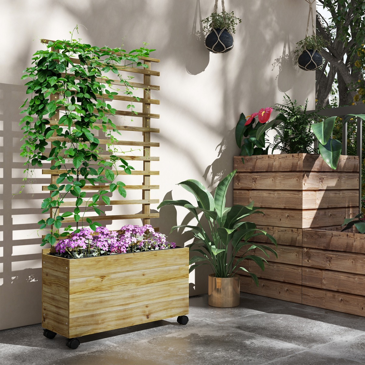Outsunny Wooden Trellis Planter Box Raised Bed with 4 Wheels & Inner Fabric Bag – Indoor/Outdoor, Natural
