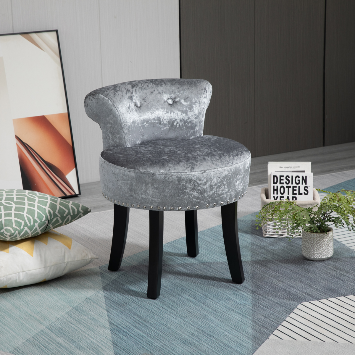 Dressing Table Stool with Padded Seat & Solid Rubberwood Legs – Compact Vanity Seat, Grey